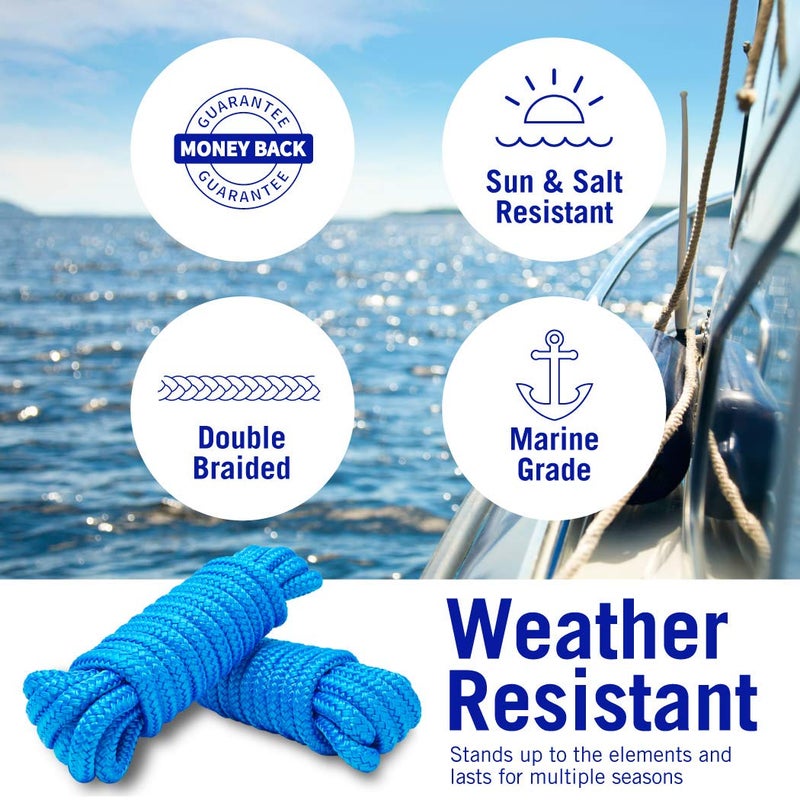 Better Boat Dock Lines Boat Ropes for Docking, 3/8" Double Braided Mooring Marine Rope, 15ft Nylon Rope with Loop, Blue, 2 Pack - Image 3